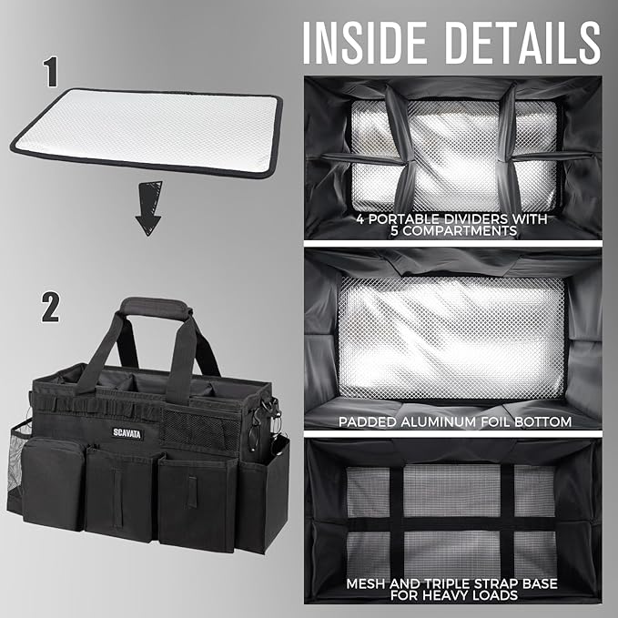 Wearable Cleaning Caddy Bag, Supplies Organizer with Handle & Shoulder Straps for Housekeepers, Under Sink & Car Cleaning Tool Organizer with 4 Foldable Dividers (Black)