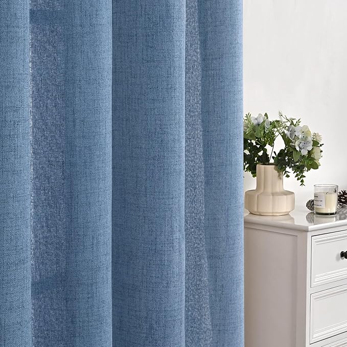YoungsTex Denim Blue Linen Curtains 48 Inch Length for Short Kitchen Window, Semi Sheer Drapes Light Filtering with Rod Pocket Back Tab for Bathroom Living Room, 2 Panels, 42 X 48 Inch