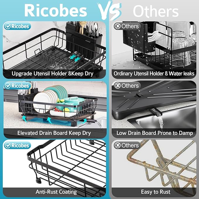 Dish Drying Rack - Space Saving Dish Rack - Dish Racks for Kitchen Counter with Drainboard,Rustproof Dish Drainer with Removable Utensil Holder,Black