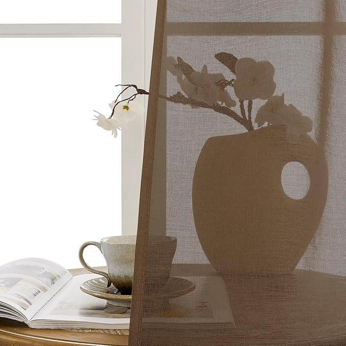 Tollpiz Sheer Door Curtain Closet Linen Textured Curtain Sheers Doorway Light Filtering Voile French Door Rod Pocket Curtains Patio Glass Door, 25 x 80 inches Long, Brown, Set of 1 Panel