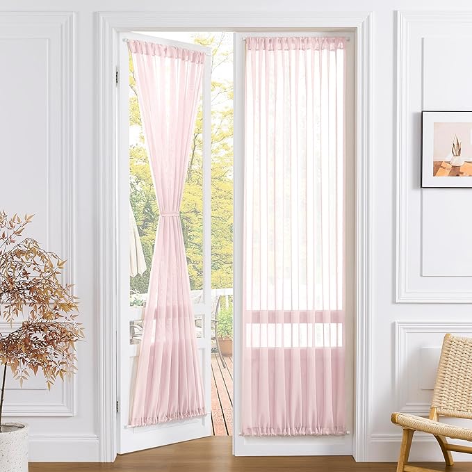 Tollpiz Sheer Door Curtain Closet Linen Textured Curtains Sheer Doorway Light Filtering Voile Patio Glass Door Rod Pocket Curtain French Door, 54 x 72 inches Long, Pink, Set of 1 Panel