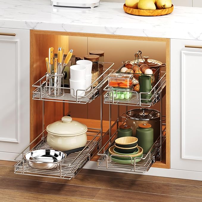 2 Tier Individual Pull Out Cabinet Organizer 13½" W x 18" D, Heavy Duty Cabinet Pull Out Shelves, Slide Out Drawers Organization for Kitchen Cabinets Bathroom