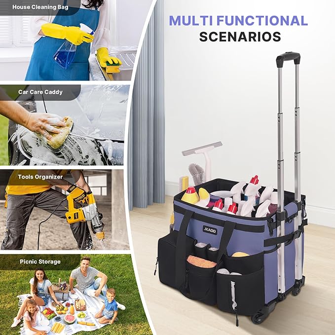 Large Rolling Cleaning Caddy Bag with Detachable Trolley, Waterproof Cleaning Caddy on Wheels for Housekeepers, Cleaning Cart Supplies Organizer for Home,Car,Office,Picnic (Denim Blue)(InPatent)