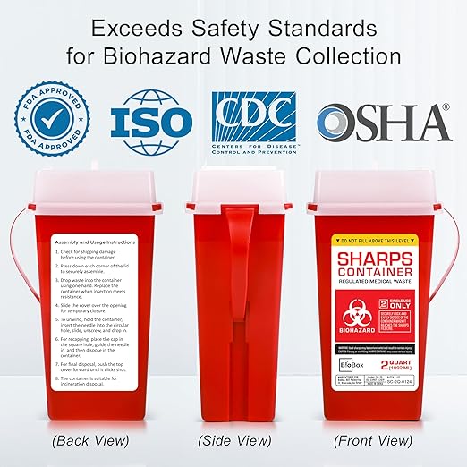 Sharps Container Large - Sharps Containers for Home Use and Labs - Portable Needle Disposal and Travel Size Biohazard Bin - 2 Quart (Pack of 3)