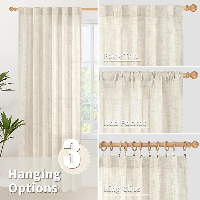 YoungsTex Extre Long Linen Curtains 102 Inch Length for Living Room, Semi Sheer Window Drapes with Rod Pocket Back Tab Light Filtering for Farmhouse Bedroom, 2 Panels, 52 X 102 Inch