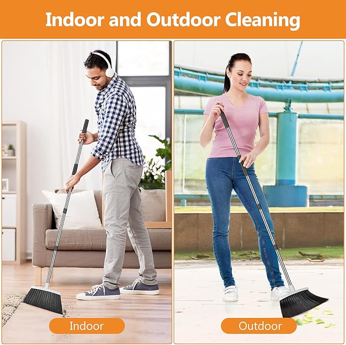 Broom and Dustpan Set, Heavy Duty Dust Pan with Long Handle 51 Inch Broom with Dustpan Combo Set Upright Self-Cleaning Dust Pan Home Kitchen Lobby Indoor Outdoor Sweeping Cleaning Tool - Gray