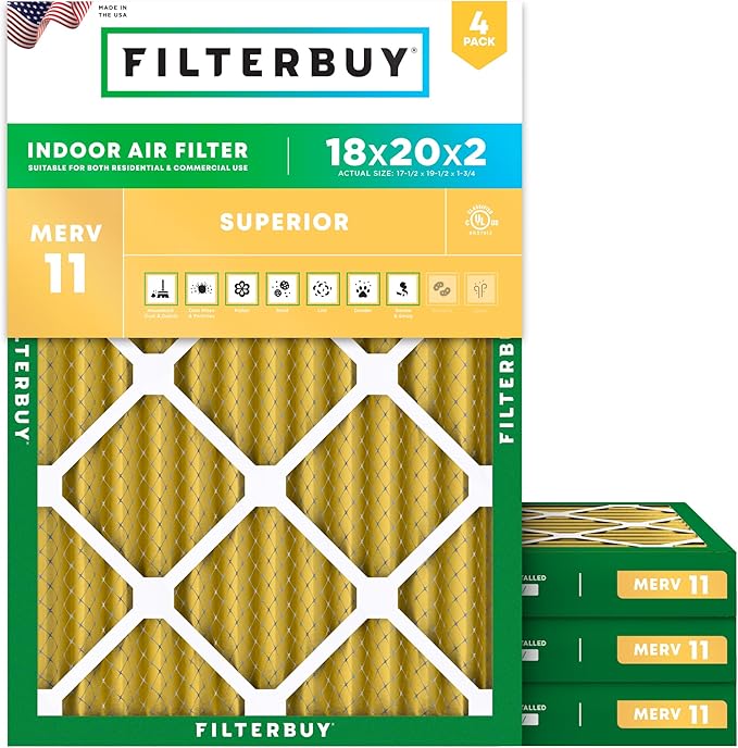 Filterbuy 18x20x2 Air Filter MERV 11 (MPR 1200) Allergen Defense Replacement (4-Pack), Electrostatic Pleated HVAC AC Furnace Filters, Made in USA (Actual Size: 17.50 x 19.50 x 1.75)