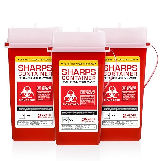 Sharps Container Large - Sharps Containers for Home Use and Labs - Portable Needle Disposal and Travel Size Biohazard Bin - 2 Quart (Pack of 3)