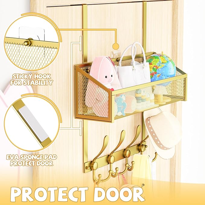 Over The Door Hooks Organizer, Coat Rack Over The Door Storage Hanger Towel Rack, Back of Storage Organizer for Bathroom,Bedroom,Kitchen,Office(Gold 2-Tier)