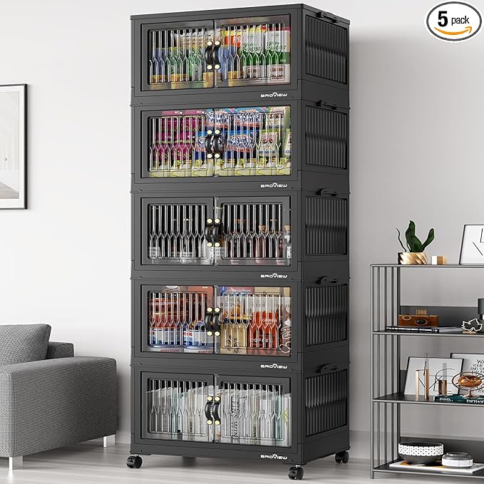 BROVIEW 400Qt Stackable Storage Bins with Lid, Extra Large Closet Organizer Collapsible Drawer Boxes with Wheels, Folding Plastic Cabinet Containers for Home Kitchen Room Organization, 5Pack Black