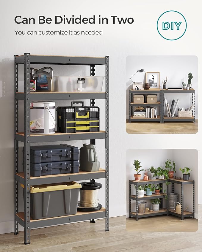 SONGMICS 5-Tier Storage Shelves, Load 2310 lb, Set of 2 Garage Storage, Boltless Assembly, Adjustable Shelving Unit, 11.8 x 29.5 x 59.1 Inches, for Study Shed Basement, Gray UGLR300G02