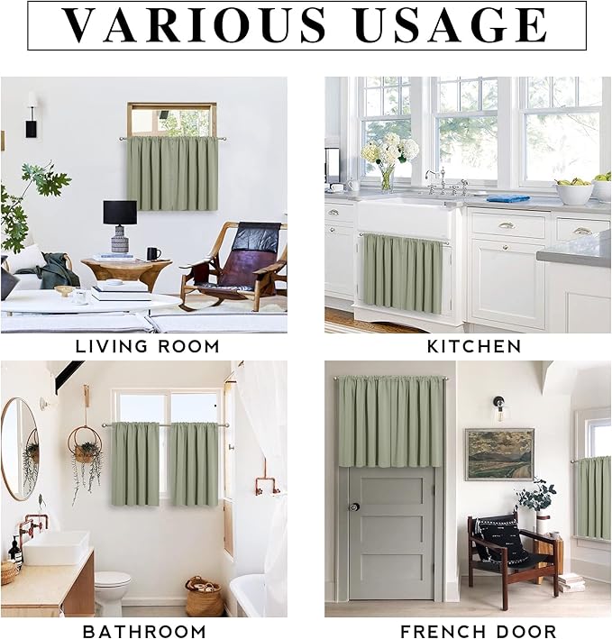 RYB HOME Small Curtains for Door Windows - Blackout Thermal Insulating Drapes for Home Theatre Bathroom Basement Cafe RV Camper Windows Blinds, Wide 34 x Long 30, Sage Green, 1 Pair