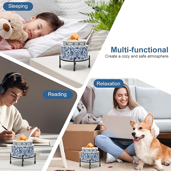 Blue & White Porcelain Pattern Wax Melt Warmer,Ceramic 3-in-1 Electric Candle Wax Warmer for Scented Wax Melter Oil Burner for Home Office Bedroom Gift & Decor (with KD Iron Shelf)