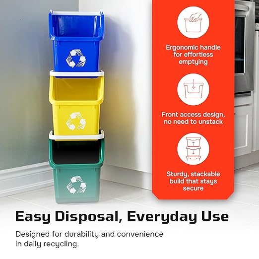 Multi Recycling Bin System with Three Stacking 6 Gallon Bins with Carrying Handles, Stackable and Compact for Offices, Homes, Garages, Businesses (Yellow, 6 Pack)
