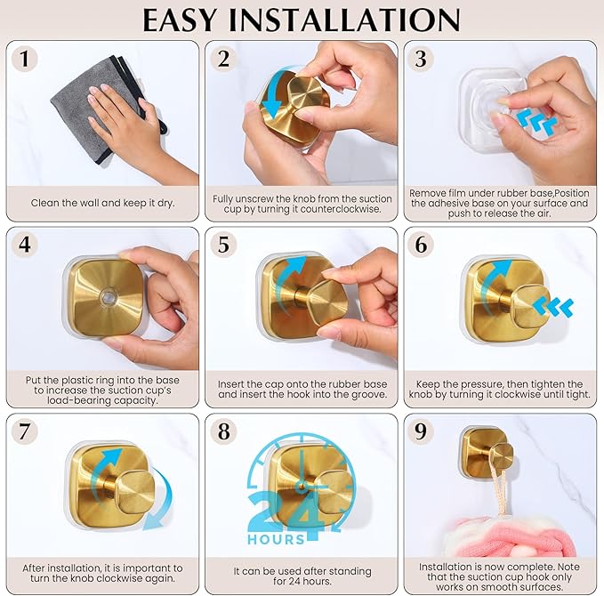 Suction Cup Hooks for Shower - Reusable No-Drill Mounting - Hooks for Towels, Robes & Loofah on Metal, Glass, Mirrors, Tile & Smooth Non-Porous Surfaces (4, Brushed Gold)