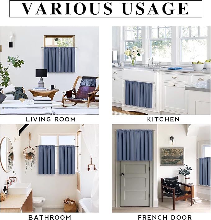 RYB HOME 45 inch Curtains for Kitchen Room Darkening Privacy Mini Curtain for RV Camper Bathroom Small Window, Width 34 x Length 45 inch, 2 Panels Set, Stone Blue