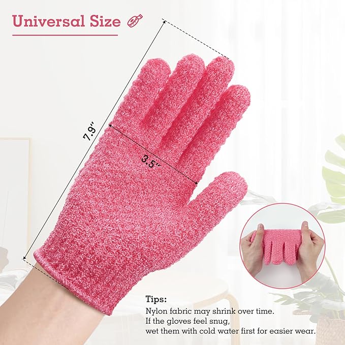 Evridwear Exfoliating Gloves for Shower, 100% Nylon Thick Soft Medium Heavy Bathing Gloves Dead Skin Remover Body Scrubber Smooth Skin with Hang Loop, 3 Pairs Heavy Hot Pink