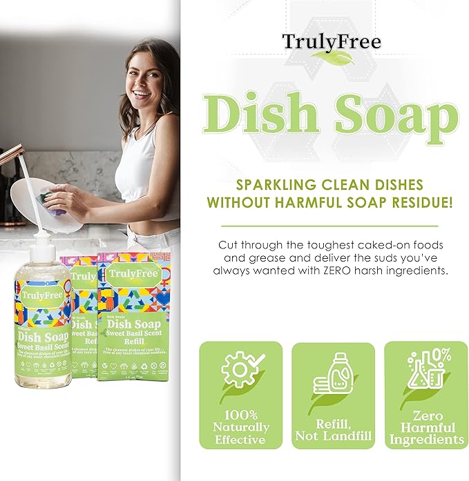 Truly Free Natural Concentrated Dish Detergent Dishwashing Liquid | Plant-Based Dish Soap | Sweet Basil Fresh Scent | 2 Refill Packs with 1 Empty Refillable Squeeze Bottle (16 Oz)
