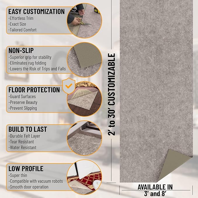 Ottomanson 2' x 3' Non-Slip Rug Pad Gripper 1/4 Inch Thick Dual Surface Felt + Rubber Gripper - Safe for All Floors, Brown