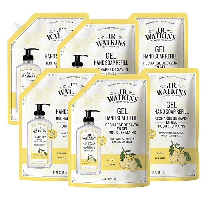 J.R. Watkins Gel Hand Soap Refill Pouch, Scented Liquid Hand Wash for Bathroom or Kitchen, USA Made and Cruelty Free, 34 fl oz, Lemon, 6 Pack