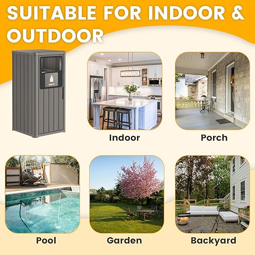 Outdoor Trash Can, Waterproof Resin Garbage Can Indoor and Outdoor Use, Durable & Weather-Resistant Commercial Garbage Can, Outside Trash Bin for Patio, Kitchen
