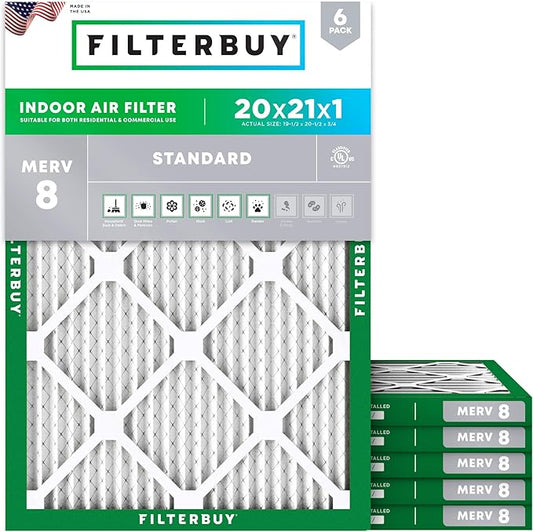 Filterbuy 20x21x1 Air Filter MERV 8 (MPR 700) Dust Defense Replacement (6-Pack), Electrostatic Pleated HVAC AC Furnace Filters, Made in USA (Actual Size: 19.50 x 20.50 x 0.75)