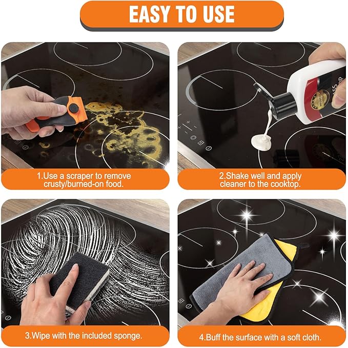 Glass Stove Top Cleaner Kit, 12 Oz Glass Cooktop Cleaner Non-Abrasive, Stove Oven Cleaner & Polish For Ceramic, Electric, Induction, Flat Top Stovetop, Gas - With Scrubbing Pad, Scraper, Cloth