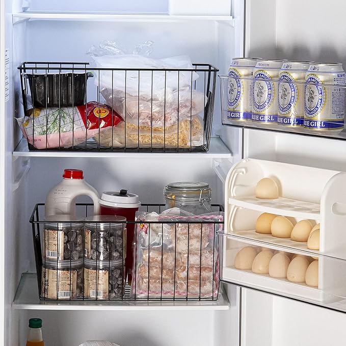 16" L x 12" W Wider Freezer Storage Organizer Baskets Container, Metal Wire Chest Upright Refrigerator Divider Bins with Built-in Handles for Cabinet, Pantry, Closet, Kitchen, Black