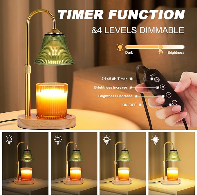 Candle Warmer Lamp, Height Adjustable Candle Warmer with Timer & Dimmer, Electric Candle Lamp with 2 50W Bulbs, Wax Melt Warmer for Scented Jar, Vintage Home Decor Glass Shade(Light Green)