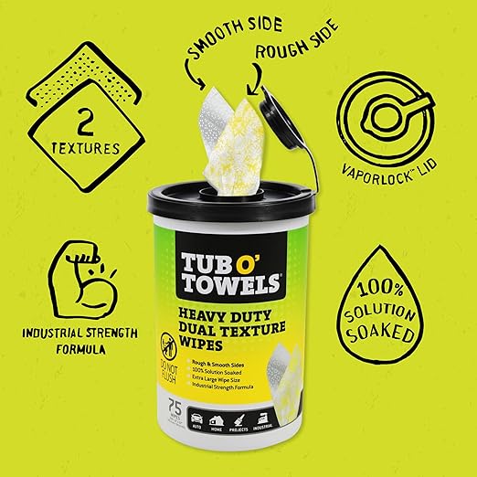 Tub O’ Towels TW75 Heavy-Duty 10" x 12" Size Multi-Surface Cleaning Wipes, Dual Texture, 75 Count Per Canister, 2 Pack