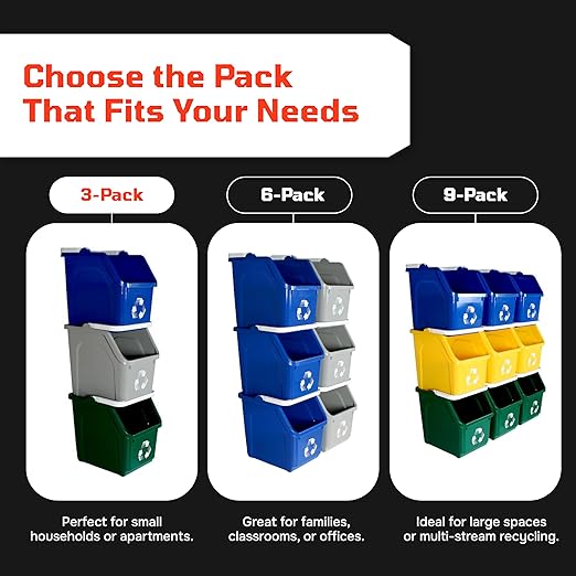 Multi Recycling Bin System with Three Stacking 6 Gallon Bins with Carrying Handles, Stackable and Compact for Offices, Homes, Garages, Businesses - (Yellow, 3 Pack)