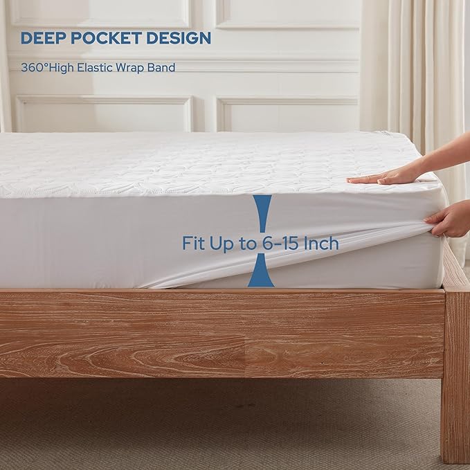 BEDLORE Waterproof Mattress Protector, Twin XL Size Mattress Pad with Deep Pocket 6"-15" Depth, Soft Breathable Bed Mattress Cover for Bedroom, College Dorm (White)