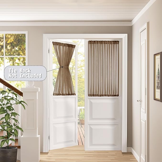 Tollpiz Short Sheer Door Curtains Closet Linen Textured Curtains Sheer Doorway Light Filtering Voile Patio Glass Doors Rod Pocket Curtain French Door, 54 x 40 inches Long, Brown, Set of 1 Panel