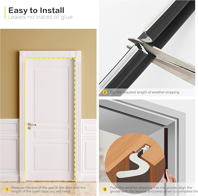 Weather Stripping Door Seal Strip - Soundproof Q-Shaped Foam for Exterior Door Frame, Large Gap Seal, Noise Cancelling, Easy to Install (Black, 40FT)