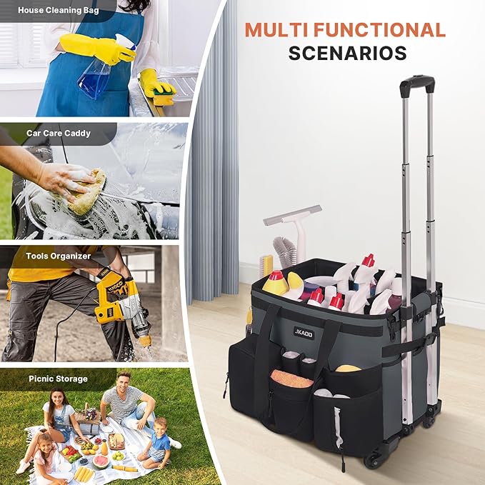 Large Rolling Cleaning Caddy Bag with Detachable Trolley, Waterproof Cleaning Caddy on Wheels for Housekeepers, Cleaning Cart Supplies Organizer for Home,Car,Office,Picnic(Gray)(InPatent)