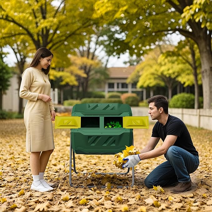 43 Gallon Outdoor Dual Chamber Tumbling Composter - BPA Free, Rotating Compost Bin with Sliding Doors & Steel Frame for Garden/Yard
