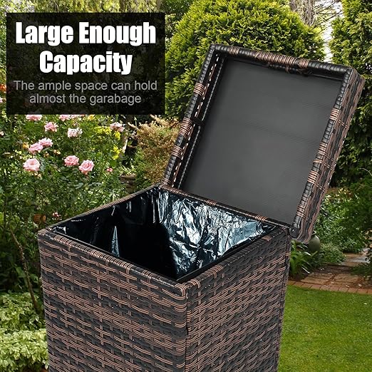 VINGLI Wicker Patio Trash Can, 27 Gallon Rattan Trash Can with Removable Lid, Outdoor Wicker Waste Basket, Wast Container (Brown)