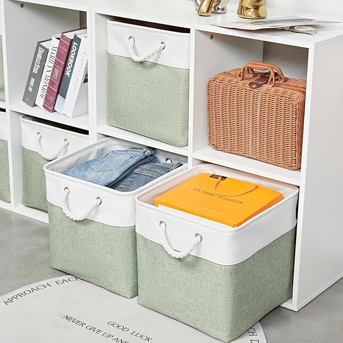 13 x 13 Inch Extra Large Storage Cubes,6 Pack Cube Storage Bins for Shelves，Fabric Collapsible Storage Bins with Handles, Foldable Storage Basket for Organizing Clothes, Toys (White&Green)
