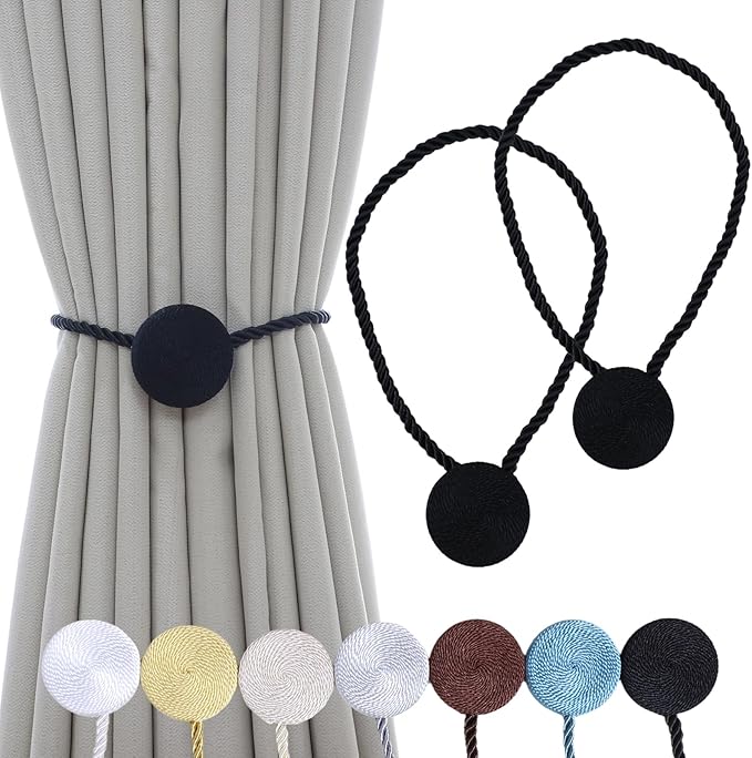 Magnetic Curtain Tiebacks - 12mm Magnetic Tie Backs for Curtains, Heavy Duty No Drill Curtain Holdbacks for Home/Office Windows Drapes, Elegant Gift-Ready Design 7 Colors (2, Black)