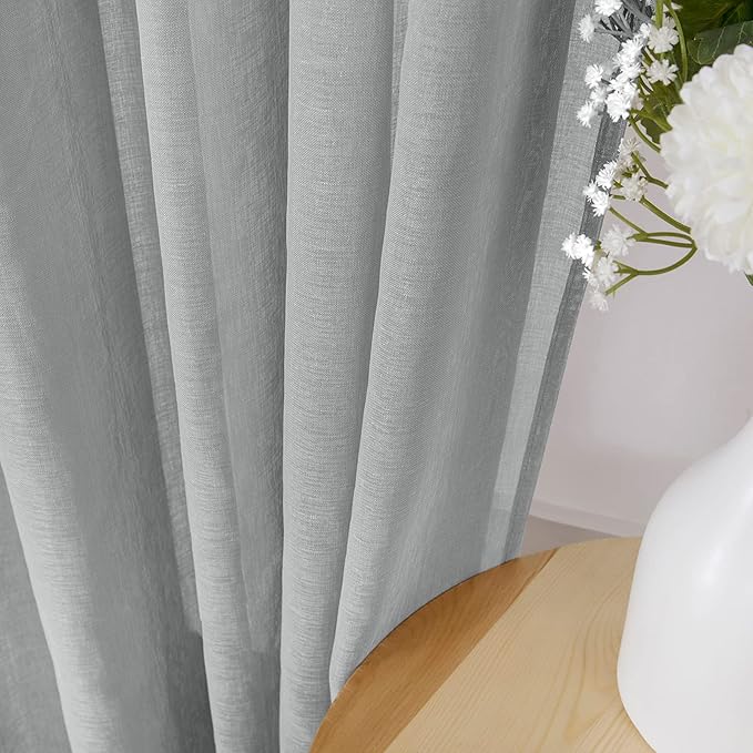 Tollpiz Sheer Curtain Linen Textured Bedroom Curtains Sheer Light Filtering Rod Pocket Voile Curtain for Living Room, 54 x 95 inches Long, Silver Grey, Set of 2 Panels