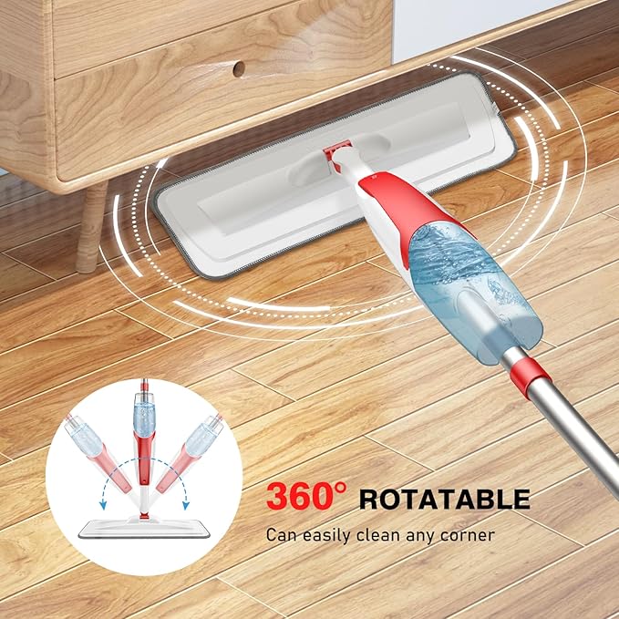 nacena Spray Mop for Floor Cleaning, Dust Mop with 420 ml Refillable Bottle and 3 Pcs Washable Pads Dry Wet Floor Mop for Household or Commercial Use for Hardwood Laminate Tile Ceramic, Red&White