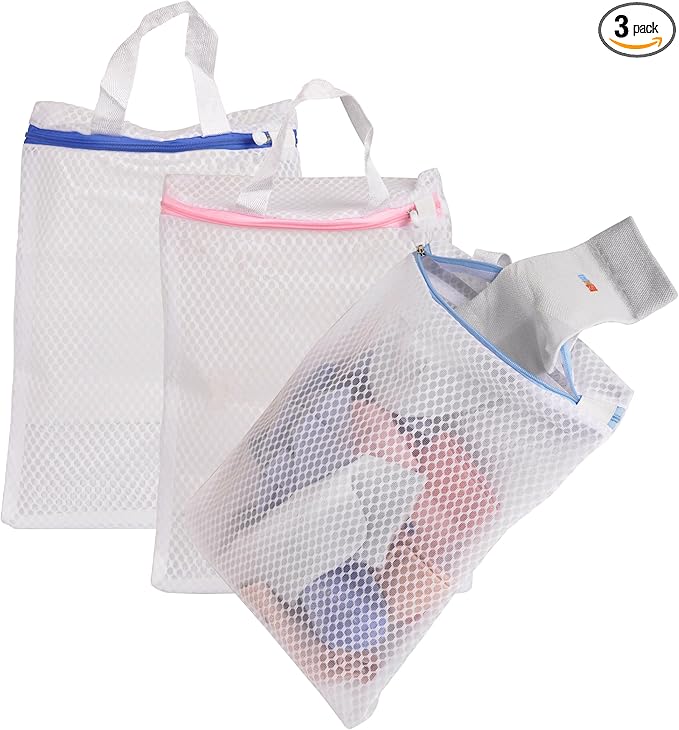 3 Pack Hanging Mesh Laundry Bags with S Metal Hooks,10x12 Inch Hanging Socks Laundry Bags, for Washing Machine