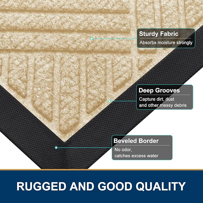 Smiry Front Door Mat Outside Entrance, Heavy Duty Outdoor Indoor Natural Rubber Doormat, Non Slip, Trap Dirt and Moisture, Easy Clean, Low Profile Patio Porch Entryway Mat, 29.5x17, Beige