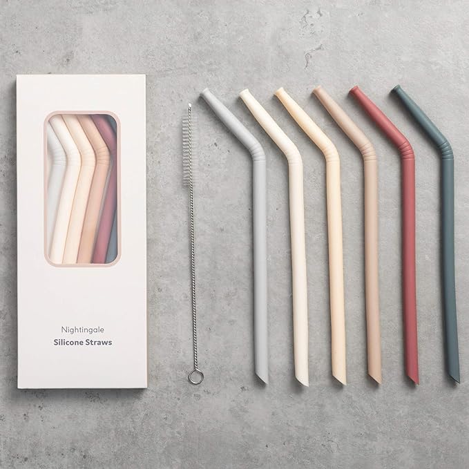 Nightingale Reusable Silicone Straws - Bendy Drinking Straw with Cleaning Brush - Collapsible and Bendable Travel Straw for Kids - Dishwasher Safe, Food-Safe - Set of 6 (Oak Multi)