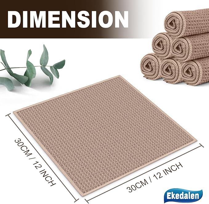 Microfiber Cleaning Cloth Waffle Weave for Dusting Absorbent Towel Quick Drying Dust Rags Household Kitchen, Lint Free Streak Free, 6 Pack,12 x 12 Inches, Khaki