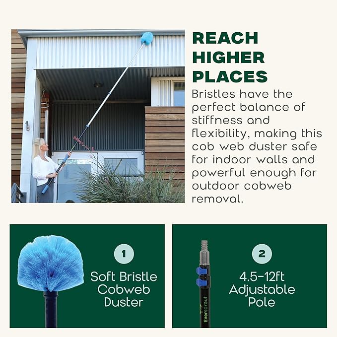 EVERSPROUT 5-to-12 Foot Cobweb Duster and Extension-Pole Combo (20 Foot Reach, Soft Bristles) | Hand Packaged | Lightweight, 3-Stage Aluminum Pole | Indoor & Outdoor Use Brush Attachment