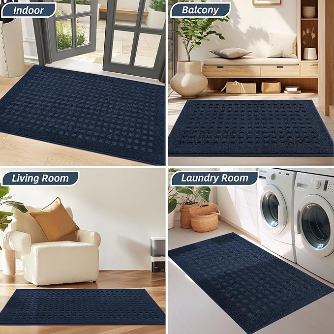 BEQHAUSE Waffle Door Mats Indoor 32"x48", Dog Mat for Muddy Paws Absorbent and Dirt Resist Floor Mats Non-Slip Washable Rugs for Entryway, Welcome Mat for Front Back Door, Muddy Wet Shoes, Navy Blue