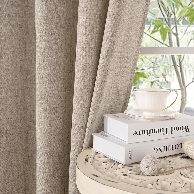 YoungsTex 90 Inch Length Linen Semi Sheer Curtains for Living Room, Dark Oatmeal Light Filtering Drapes with Rod Pocket Back Tab Textured Burlap for Bedroom, 52 X 90 Inch, 2 Panels