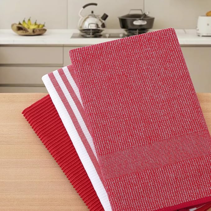Homaxy Premium Kitchen Towels(18”x 28”, 3 Pack), Large Cotton 380 GSM Kitchen Hand Towels, Soft and Absorbent Terry Dish Towels, Multipurpose Tea Towel Set with Hanging Loop, Red