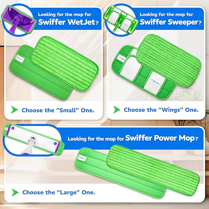 4 Pack Reusable Microfiber Mop Pads, Compatible with Swiffer Sweeper, Machine Washable Cloths, Scraper Included, Refills for All Floor Cleaning, Hook and Loop, Wet Dry - 10"- 12"